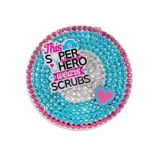 Custom made pocket mirror “super hero wears scrubs” with rhinestones